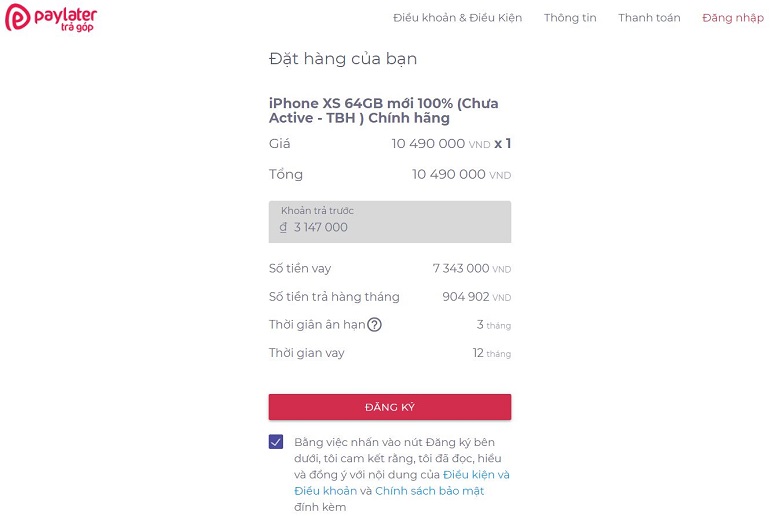 giao diện đặt hàng paylater