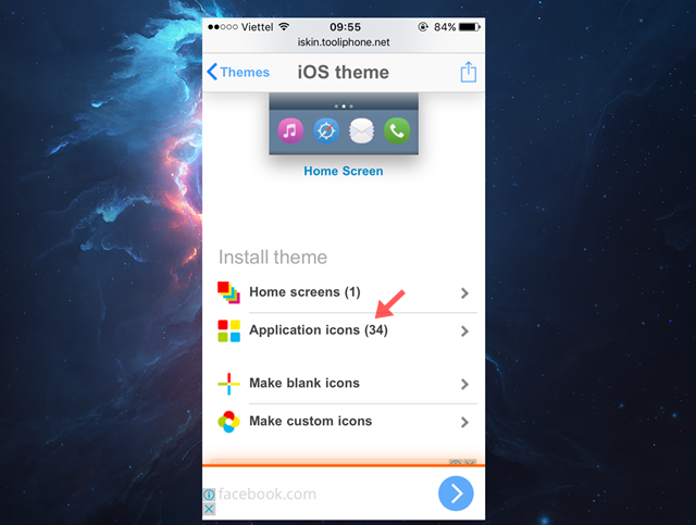 Chọn gói icon mà mình thích và nhấp Install theme > Application icons