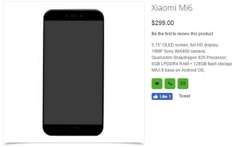 Thông tin Xiaomi Mi 6 được đăng tải trên trang Oppomart