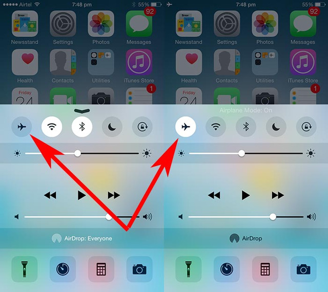Bật tắt Airplane Mode có thể khiến iPhone 7 cài iOS 10 bị mất sóng.