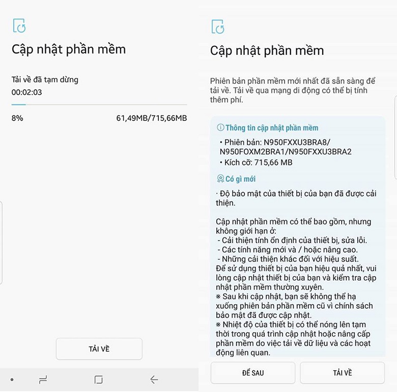 yêu cầu cập nhật phần mềm của samsung